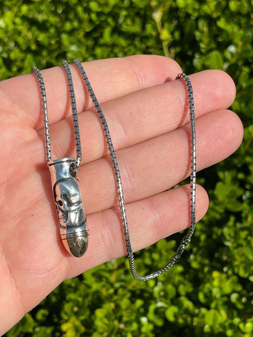 Mens Real 925 Sterling Silver and 14k Gold Bullet W Skull Pendant Necklace Chain