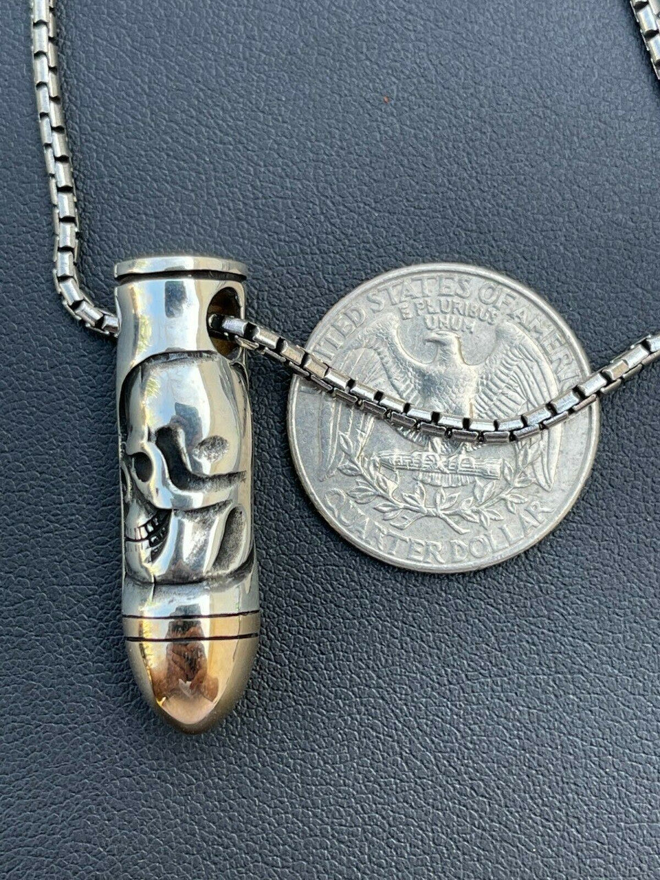 Mens Real 925 Sterling Silver and 14k Gold Bullet W Skull Pendant Necklace Chain