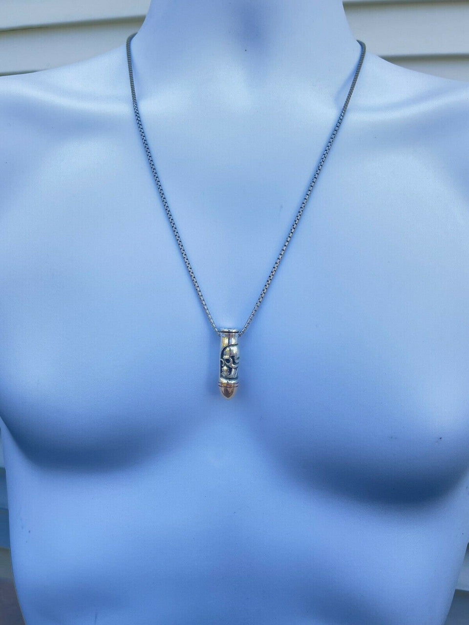 Mens Real 925 Sterling Silver and 14k Gold Bullet W Skull Pendant Necklace Chain