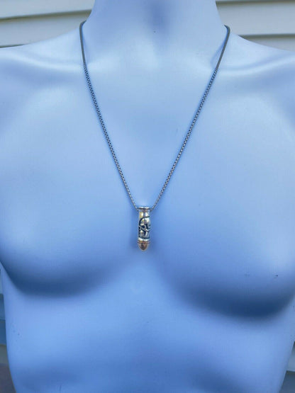 Mens Real 925 Sterling Silver and 14k Gold Bullet W Skull Pendant Necklace Chain