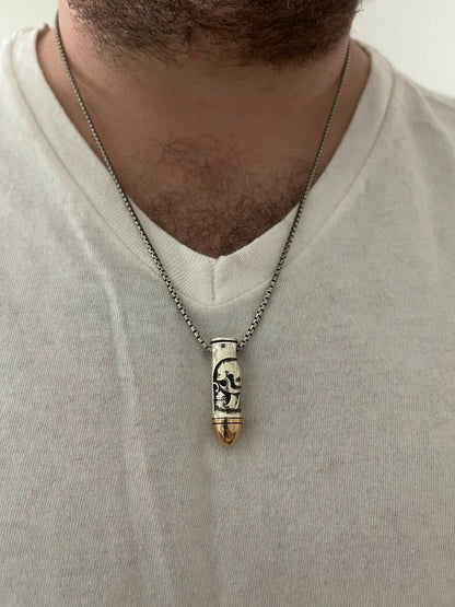 Mens Real 925 Sterling Silver and 14k Gold Bullet W Skull Pendant Necklace Chain