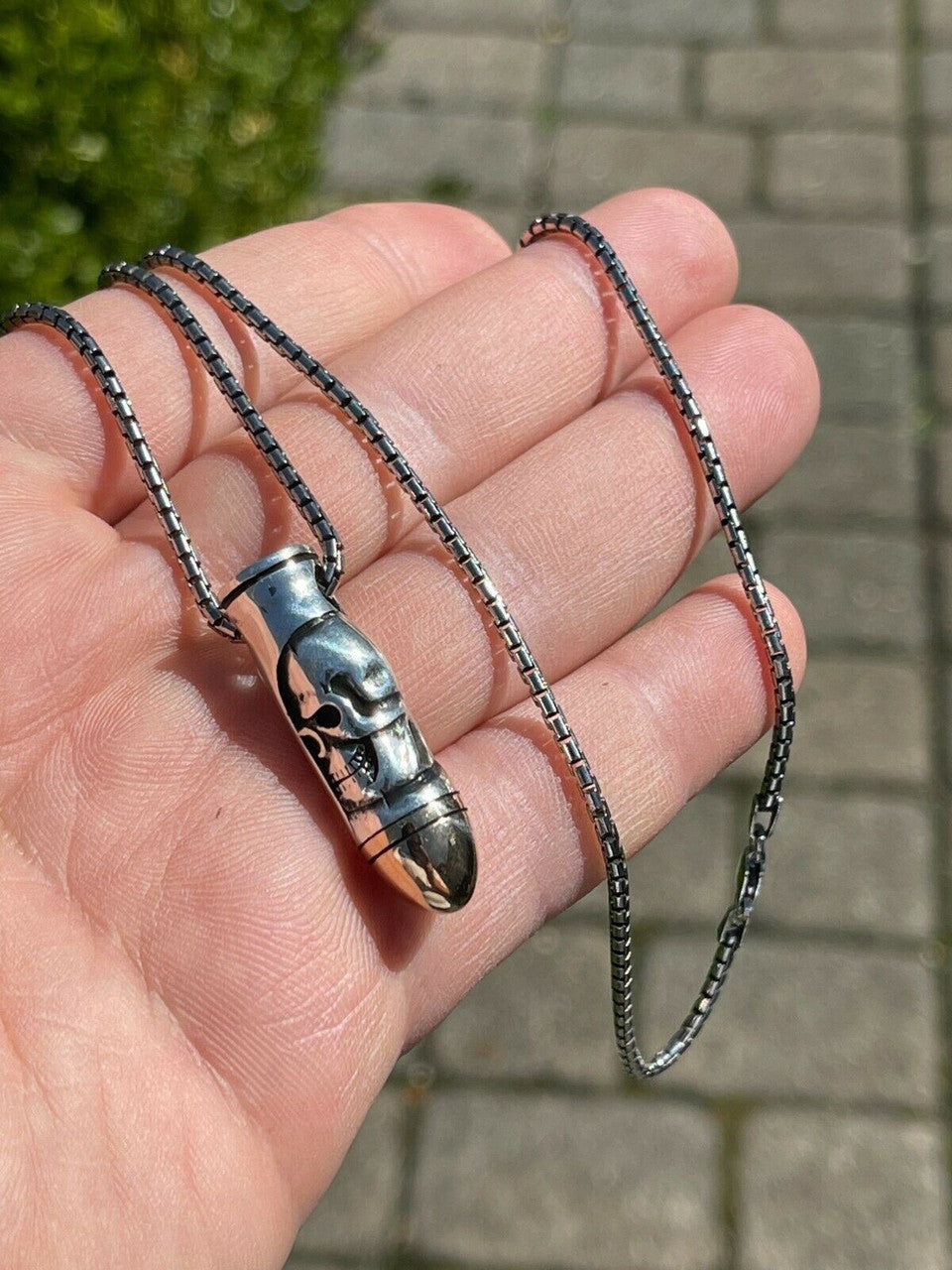 Mens Real 925 Sterling Silver and 14k Gold Bullet W Skull Pendant Necklace Chain