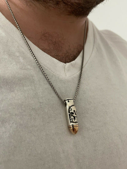Mens Real 925 Sterling Silver and 14k Gold Bullet W Skull Pendant Necklace Chain