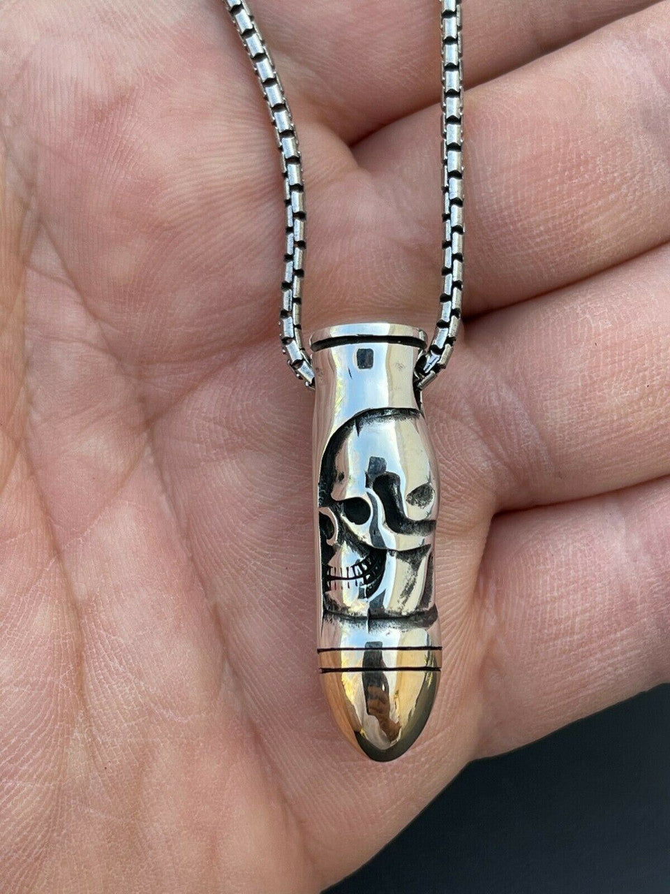 Mens Real 925 Sterling Silver and 14k Gold Bullet W Skull Pendant Necklace Chain