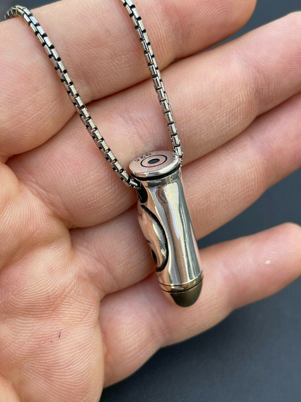 Mens Real 925 Sterling Silver and 14k Gold Bullet W Skull Pendant Necklace Chain