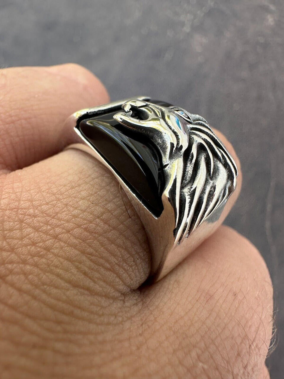 Mens Real 925 Sterling Silver Natural Black Onyx Howling Wolf
