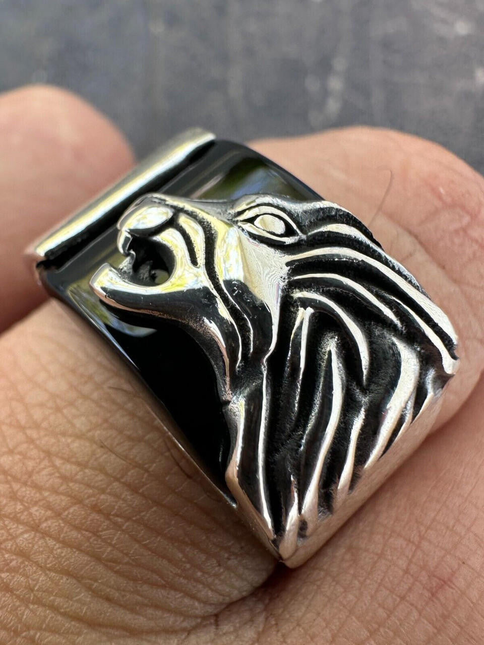 Mens Real 925 Sterling Silver Natural Black Onyx Howling Wolf