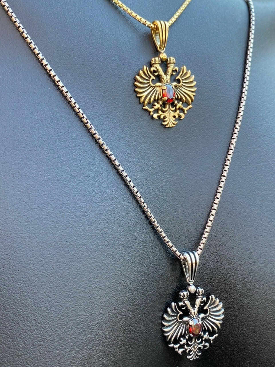 Mens Real 925 Sterling Silver Russian Double Headed Eagle Ruby Necklace Gold