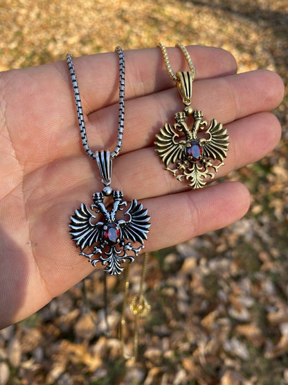 Mens Real 925 Sterling Silver Russian Double Headed Eagle Ruby Necklace Gold
