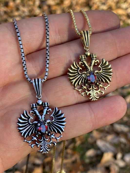 Mens Real 925 Sterling Silver Russian Double Headed Eagle Ruby Necklace Gold