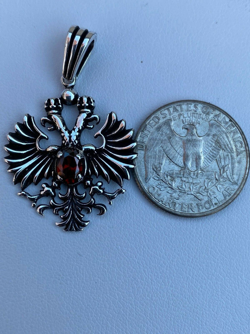 Mens Real 925 Sterling Silver Russian Double Headed Eagle Ruby Necklace Gold