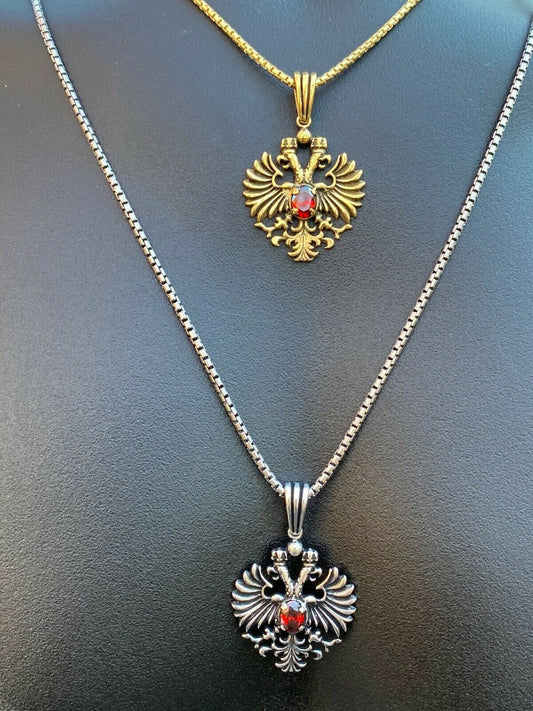 Mens Real 925 Sterling Silver Russian Double Headed Eagle Ruby Necklace Gold