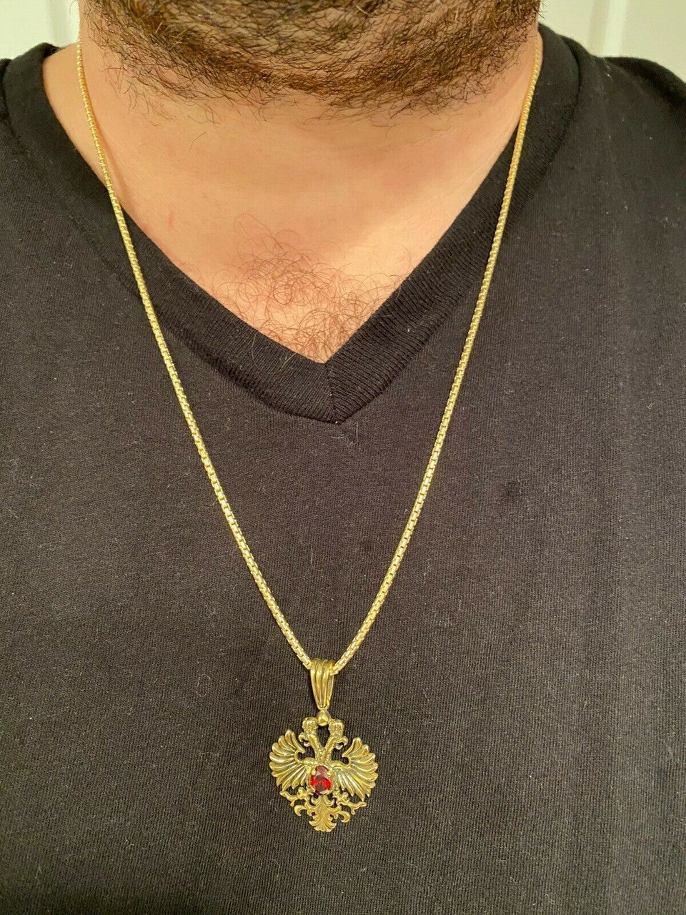 Mens Real 925 Sterling Silver Russian Double Headed Eagle Ruby Necklace Gold