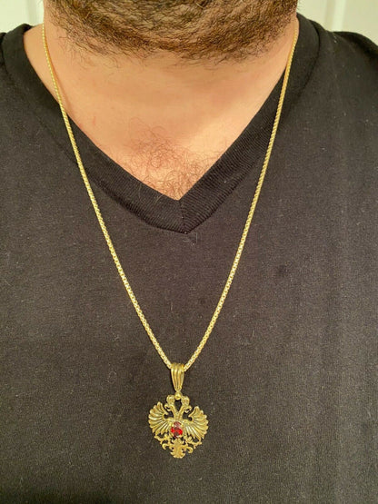 Mens Real 925 Sterling Silver Russian Double Headed Eagle Ruby Necklace Gold