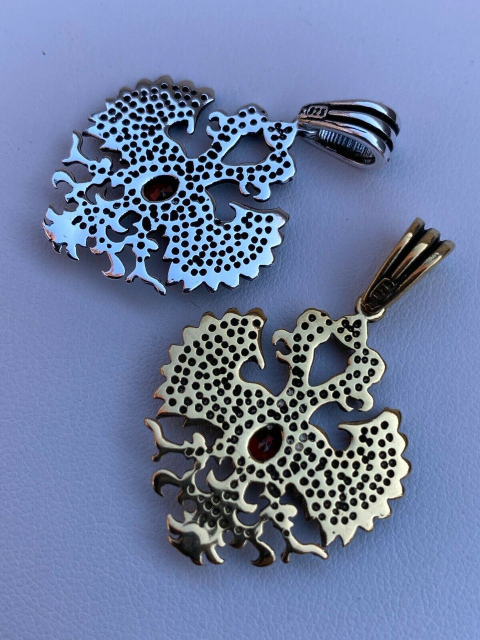 Mens Real 925 Sterling Silver Russian Double Headed Eagle Ruby Necklace Gold