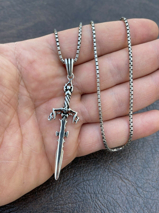 Mens Real 925 Sterling Silver Viking Sword Pendant Necklace Chain Knife Medieval