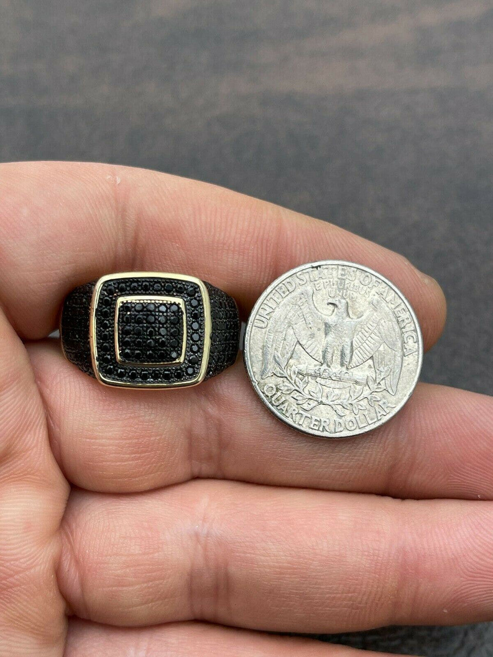 Mens Real Solid 925 Sterling Silver 14k Gold Oxidized Ring Black Diamond Iced