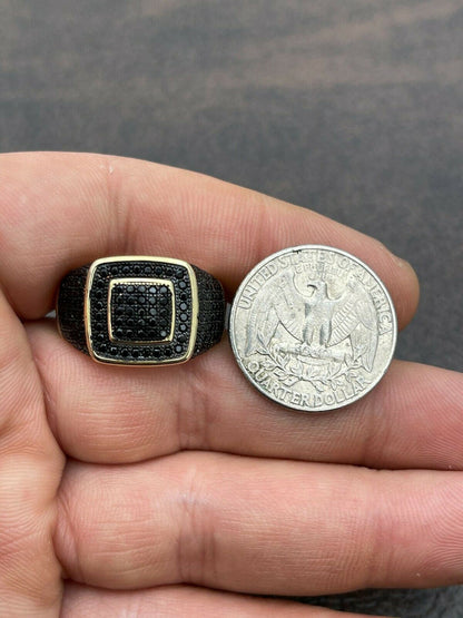 Mens Real Solid 925 Sterling Silver 14k Gold Oxidized Ring Black Diamond Iced