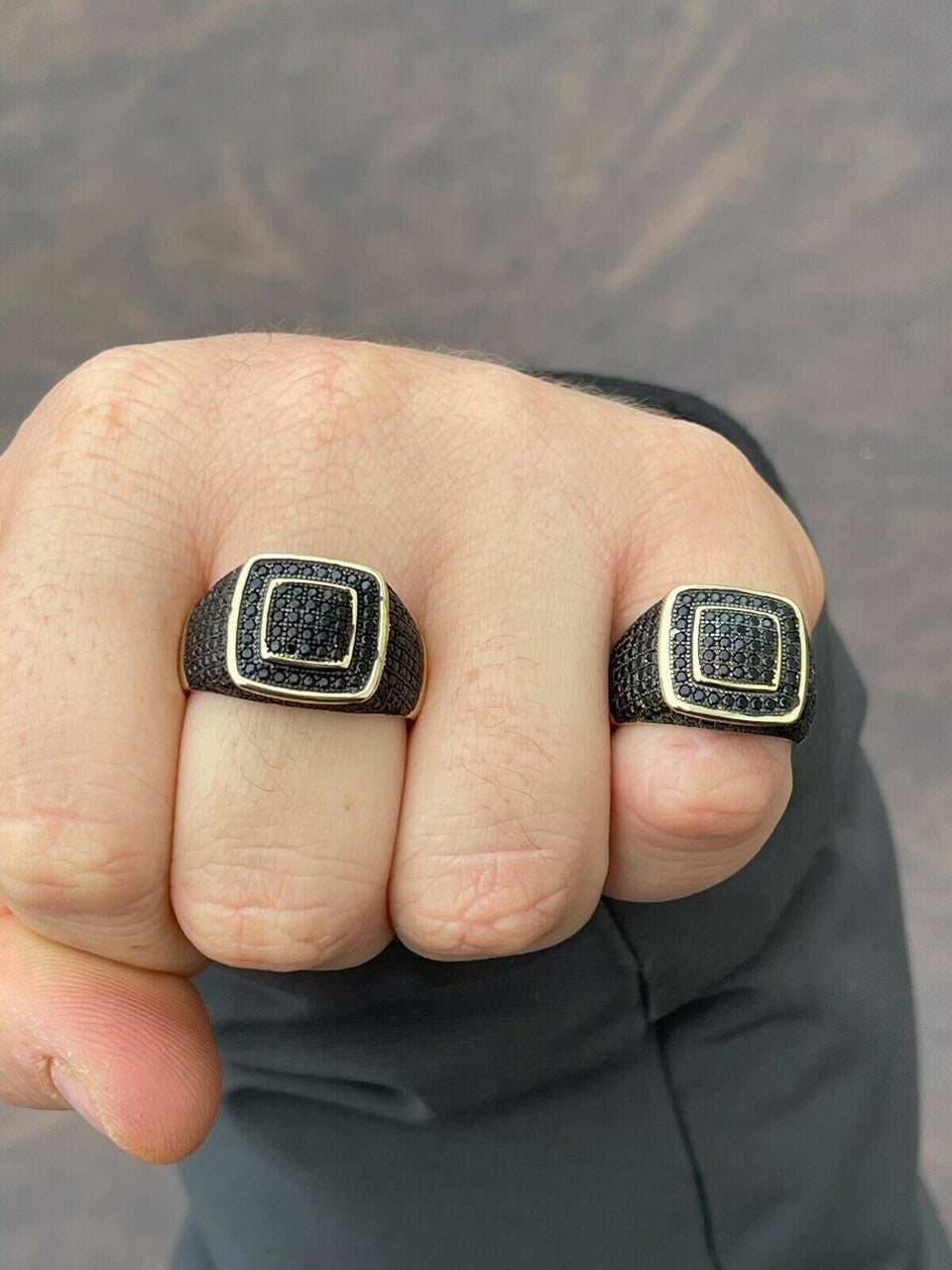 Mens Real Solid 925 Sterling Silver 14k Gold Oxidized Ring Black Diamond Iced