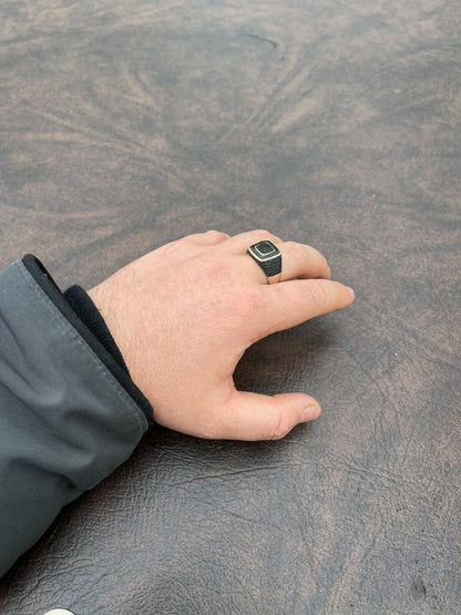 Mens Real Solid 925 Sterling Silver 14k Gold Oxidized Ring Black Diamond Iced