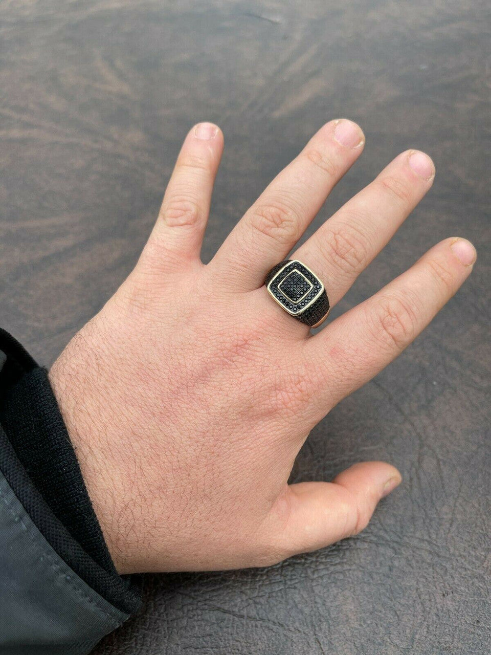 Mens Real Solid 925 Sterling Silver 14k Gold Oxidized Ring Black Diamond Iced