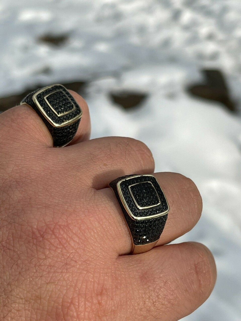 Mens Real Solid 925 Sterling Silver 14k Gold Oxidized Ring Black Diamond Iced