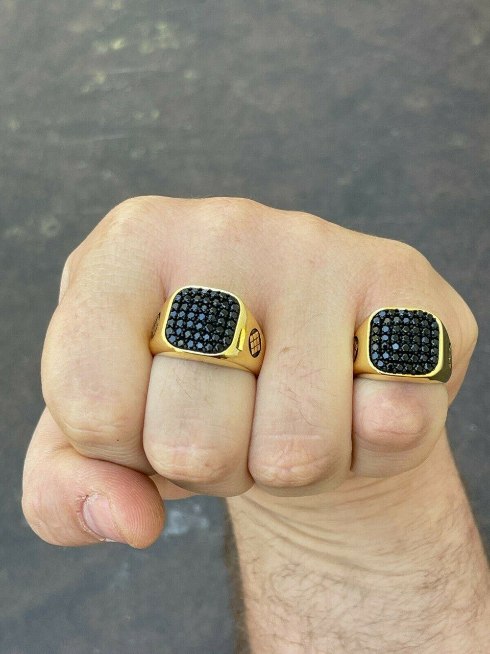 Harlembling Men's Solid 925 Sterling Silver Ring – 14k Gold Plated, Iced Black CZ, Square Hip Hop Pinky Ring, Sizes 7-13