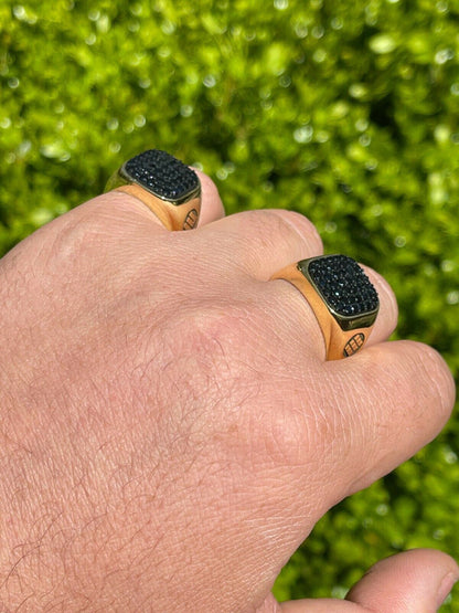 Mens Real Solid 925 Sterling Silver and 14k Gold Ring Iced Black Diamond Size 7-13