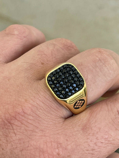 Mens Real Solid 925 Sterling Silver and 14k Gold Ring Iced Black Diamond Size 7-13