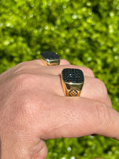 Mens Real Solid 925 Sterling Silver and 14k Gold Ring Iced Black Diamond Size 7-13