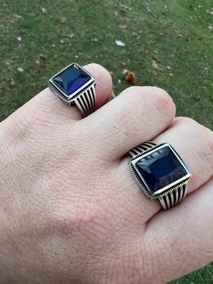 Mens Real Solid 925 Sterling Silver Dark Navy Blue Sapphire Stone Ring Size 7-13