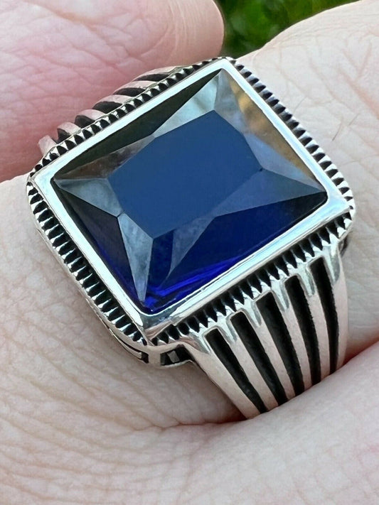 Mens Real Solid 925 Sterling Silver Dark Navy Blue Sapphire Stone Ring Size 7-13