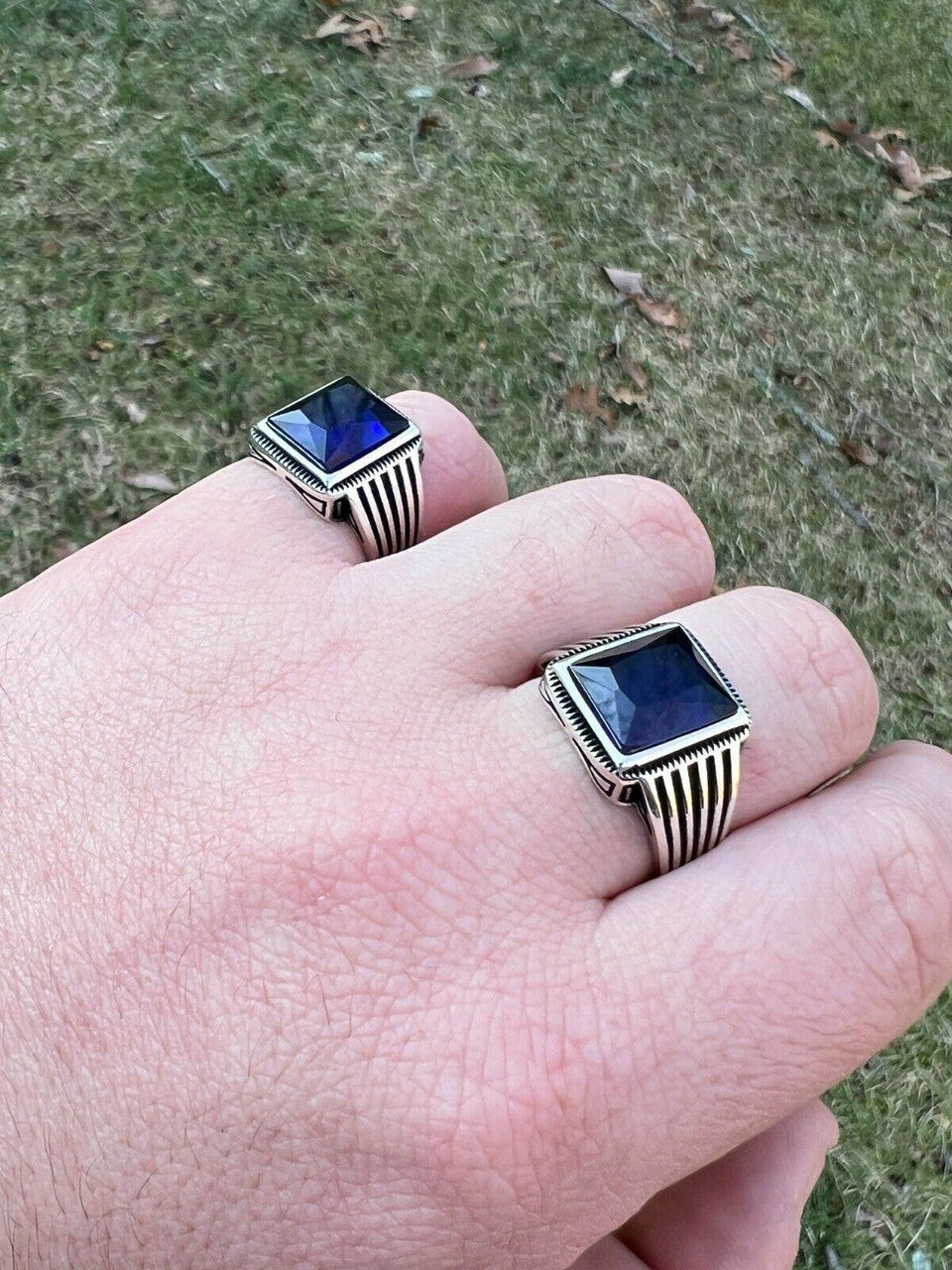 Mens Real Solid 925 Sterling Silver Dark Navy Blue Sapphire Stone Ring Size 7-13