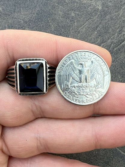 Mens Real Solid 925 Sterling Silver Dark Navy Blue Sapphire Stone Ring Size 7-13