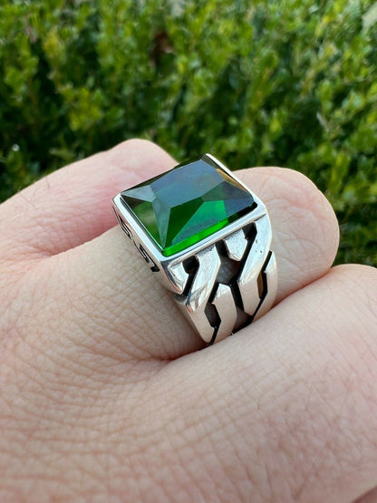 Mens Real Solid 925 Sterling Silver Green Emerald Gem Stone Ring Pinky Signet