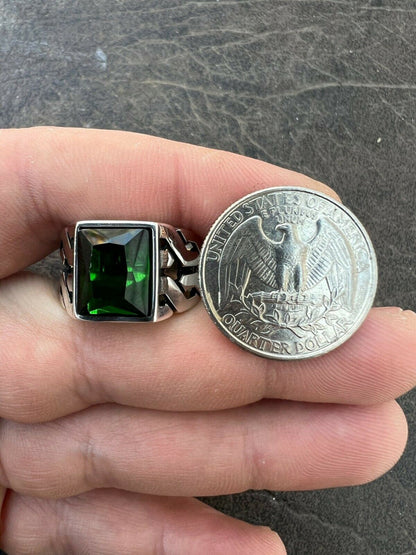 Mens Real Solid 925 Sterling Silver Green Emerald Gem Stone Ring Pinky Signet