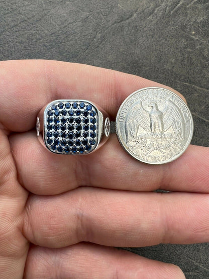 Mens Real Solid 925 Sterling Silver Iced Blue Sapphire Stone Ring Hip Hop 7-13