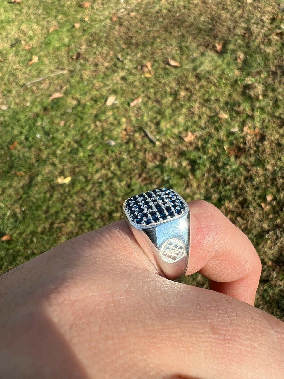 Mens Real Solid 925 Sterling Silver Iced Blue Sapphire Stone Ring Hip Hop 7-13