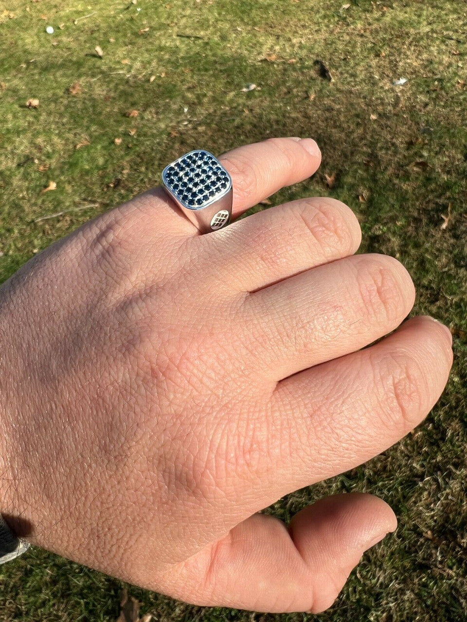 Mens Real Solid 925 Sterling Silver Iced Blue Sapphire Stone Ring Hip Hop 7-13