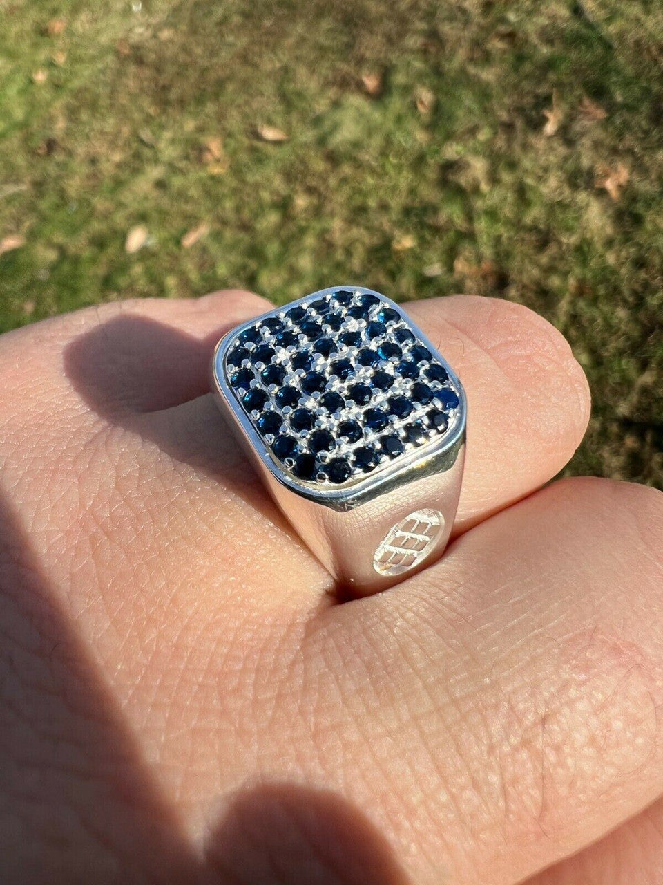 Mens Real Solid 925 Sterling Silver Iced Blue Sapphire Stone Ring Hip Hop 7-13