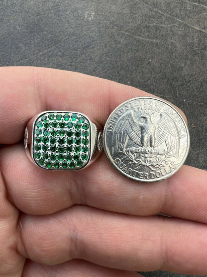 Mens Real Solid 925 Sterling Silver Iced Green Emerald Stone Ring Hip Hop 7-13