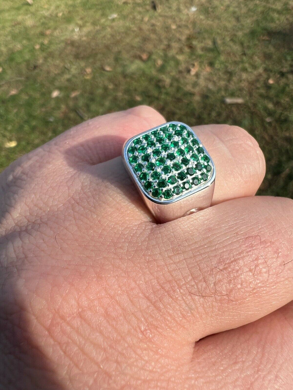 Mens Real Solid 925 Sterling Silver Iced Green Emerald Stone Ring Hip Hop 7-13