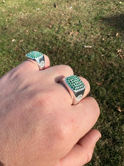 Mens Real Solid 925 Sterling Silver Iced Green Emerald Stone Ring Hip Hop 7-13