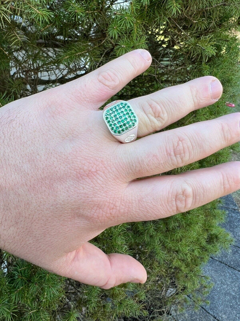 Mens Real Solid 925 Sterling Silver Iced Green Emerald Stone Ring Hip Hop 7-13