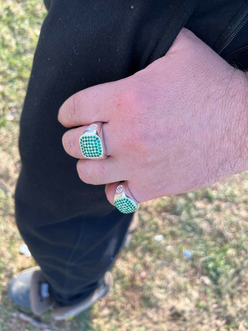 Mens Real Solid 925 Sterling Silver Iced Green Emerald Stone Ring Hip Hop 7-13
