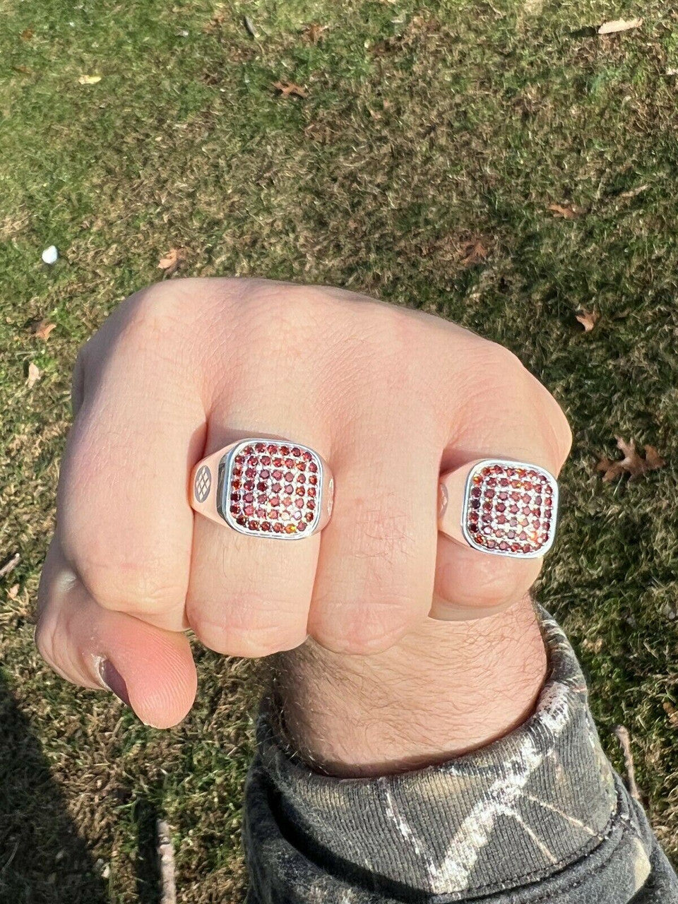 Mens Real Solid 925 Sterling Silver Iced Red Ruby Stone Ring Hip Hop Size 7-13