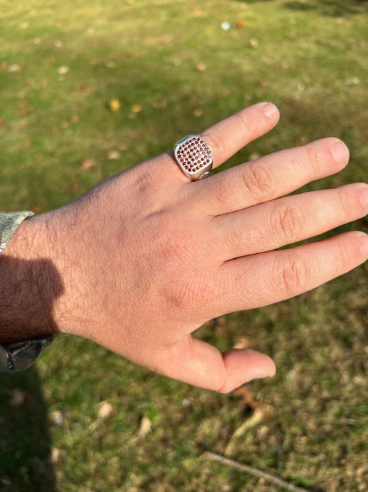 Mens Real Solid 925 Sterling Silver Iced Red Ruby Stone Ring Hip Hop Size 7-13