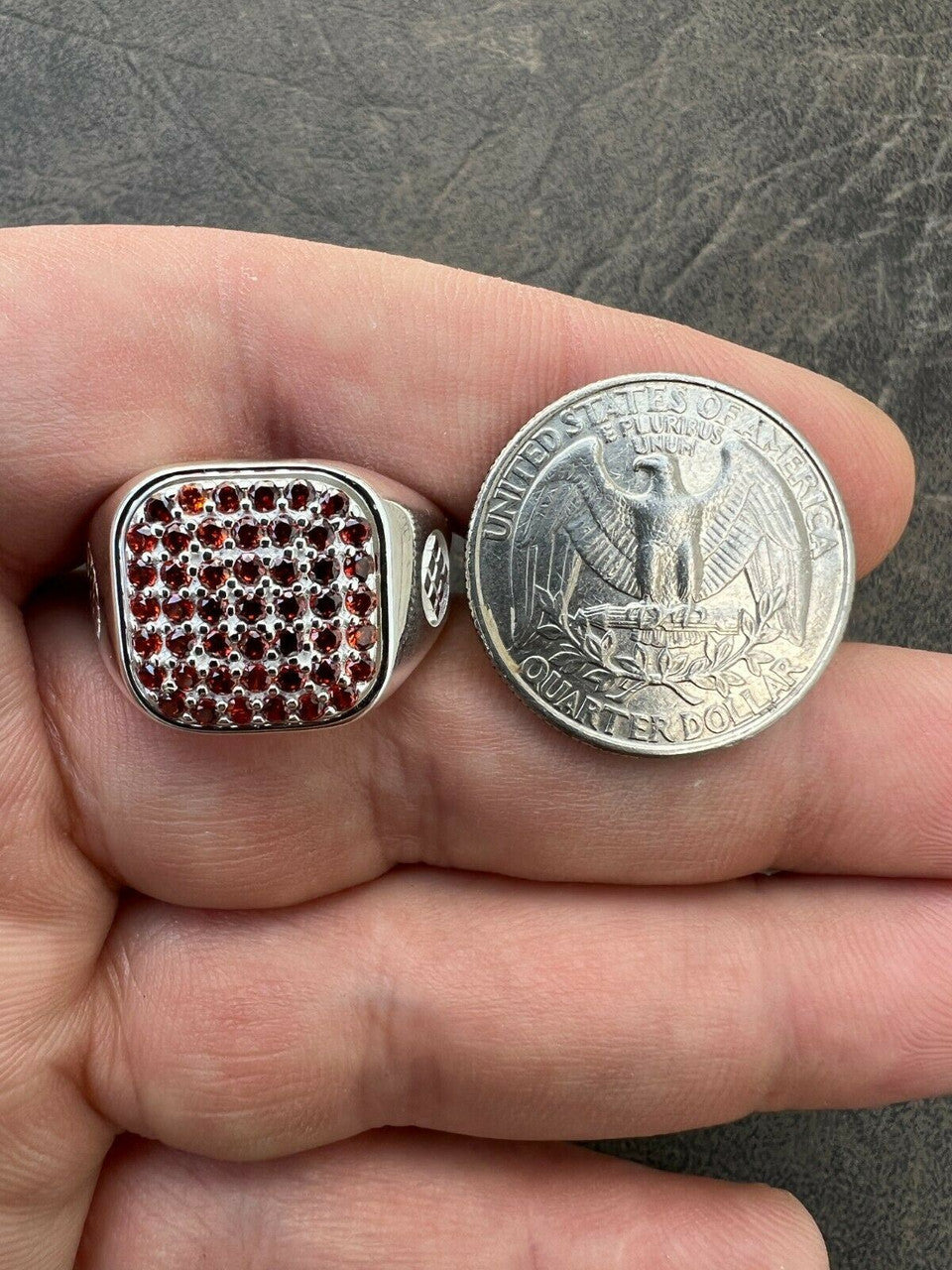 Mens Real Solid 925 Sterling Silver Iced Red Ruby Stone Ring Hip Hop Size 7-13