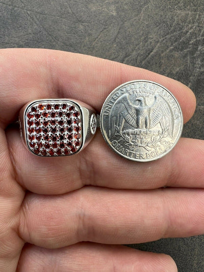 Mens Real Solid 925 Sterling Silver Iced Red Ruby Stone Ring Hip Hop Size 7-13