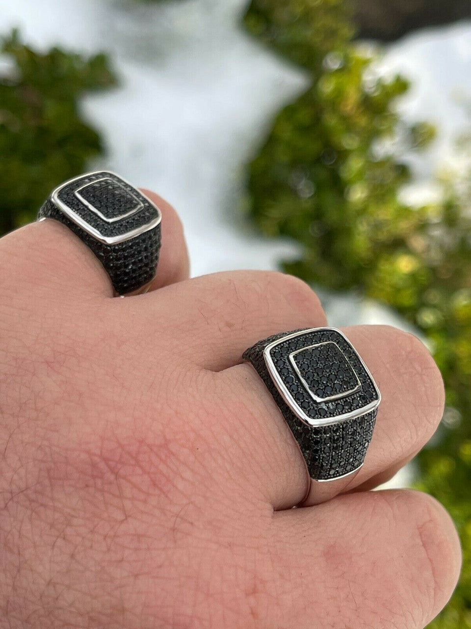 Mens Real Solid 925 Sterling Silver Oxidized Ring Black Diamond Iced Hip Hop